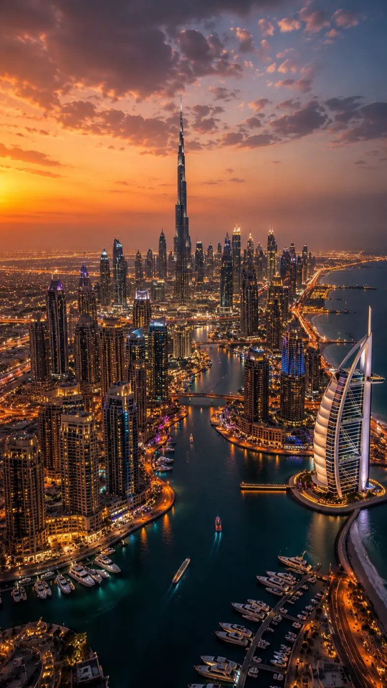Dubai — skyline dorato tra deserto e oceano