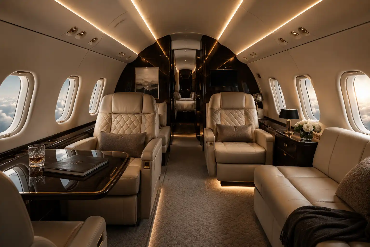 Cabina di lusso — interni in pelle italiana, Private Jet Royalty