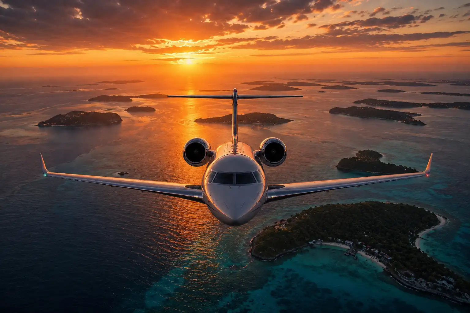 Private jet approaching — cinematic frontal view